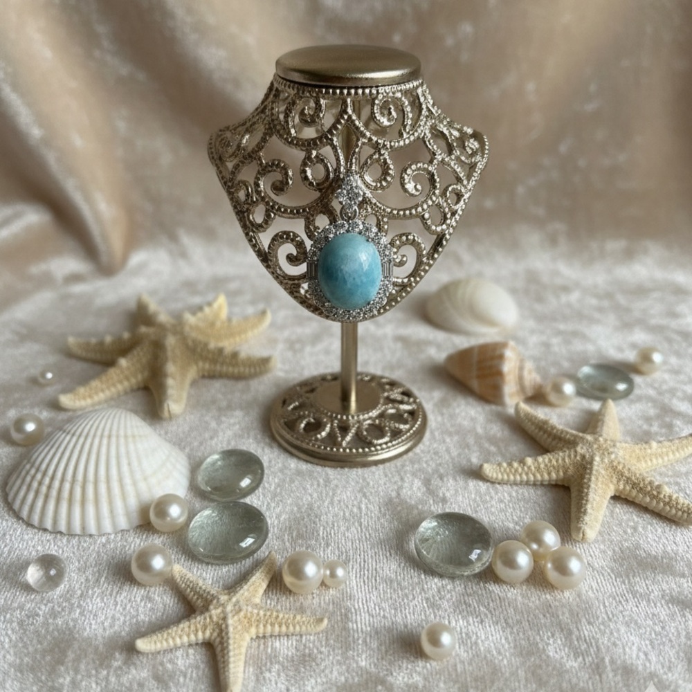 Elegant Silver and zircons larimar pendant high Quality